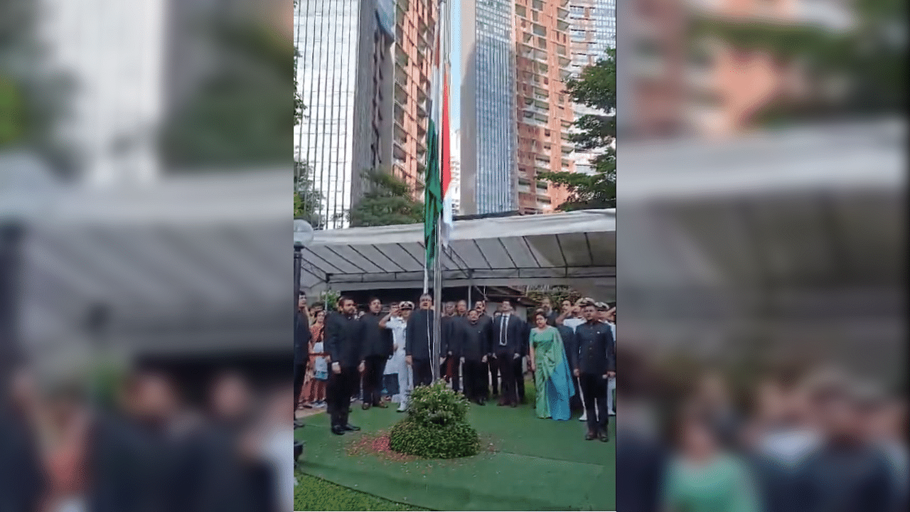 <div class="paragraphs"><p>Screengrab from a video showing Dr Shilpak Ambule, the High Commissioner of India to Singapore hoisting the national flag on occassion of India's 78th Independence Day.</p></div>